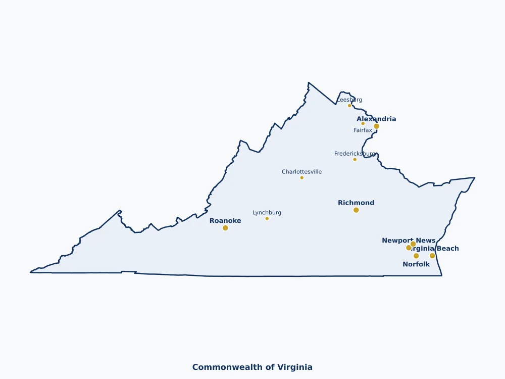 Map of Virginia State showing major cities